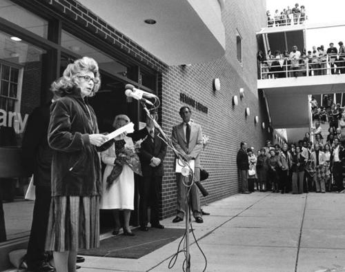 Left to right: Mary Semans (at microphone), Dr. James Semans (behind her), Mrs. Bess Abell (Executive Assistant to Joan Mondale), Gov. James Hunt, and David McKay (NC Director of Libraries)