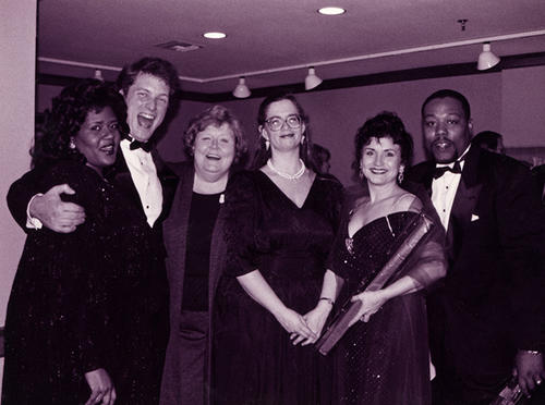 Alumna Tichina Vaughn (far left) poses with Sarah Turner (third from left), Marilyn Taylor (second from right), alumnus Derrick Lawrence (far right).