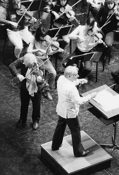 Conductor Leonard Bernstein and violinist Isaac Stern rehearsing with NCSA Orchestra