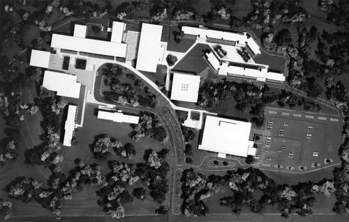 A direct overhead view of a miniature campus model as imagined and designed by David Hall Associates., Folded sepia toned version of 24.11.000283